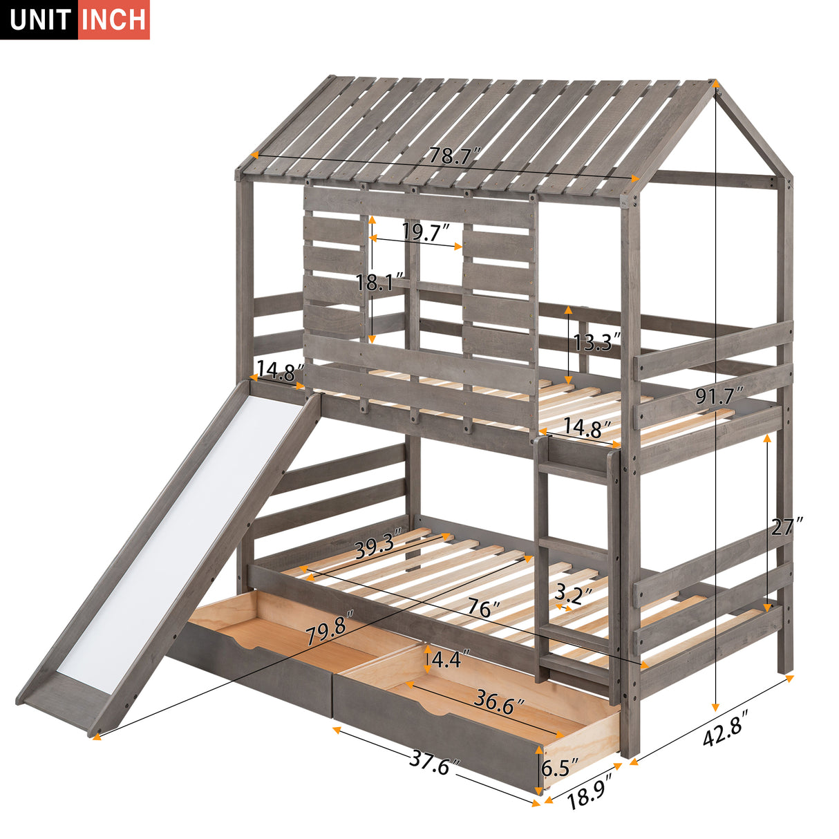 Twin over Twin Size House Bunk Bed with Convertible Slide and Two Drawers,Antique Gray - Home Elegance USA