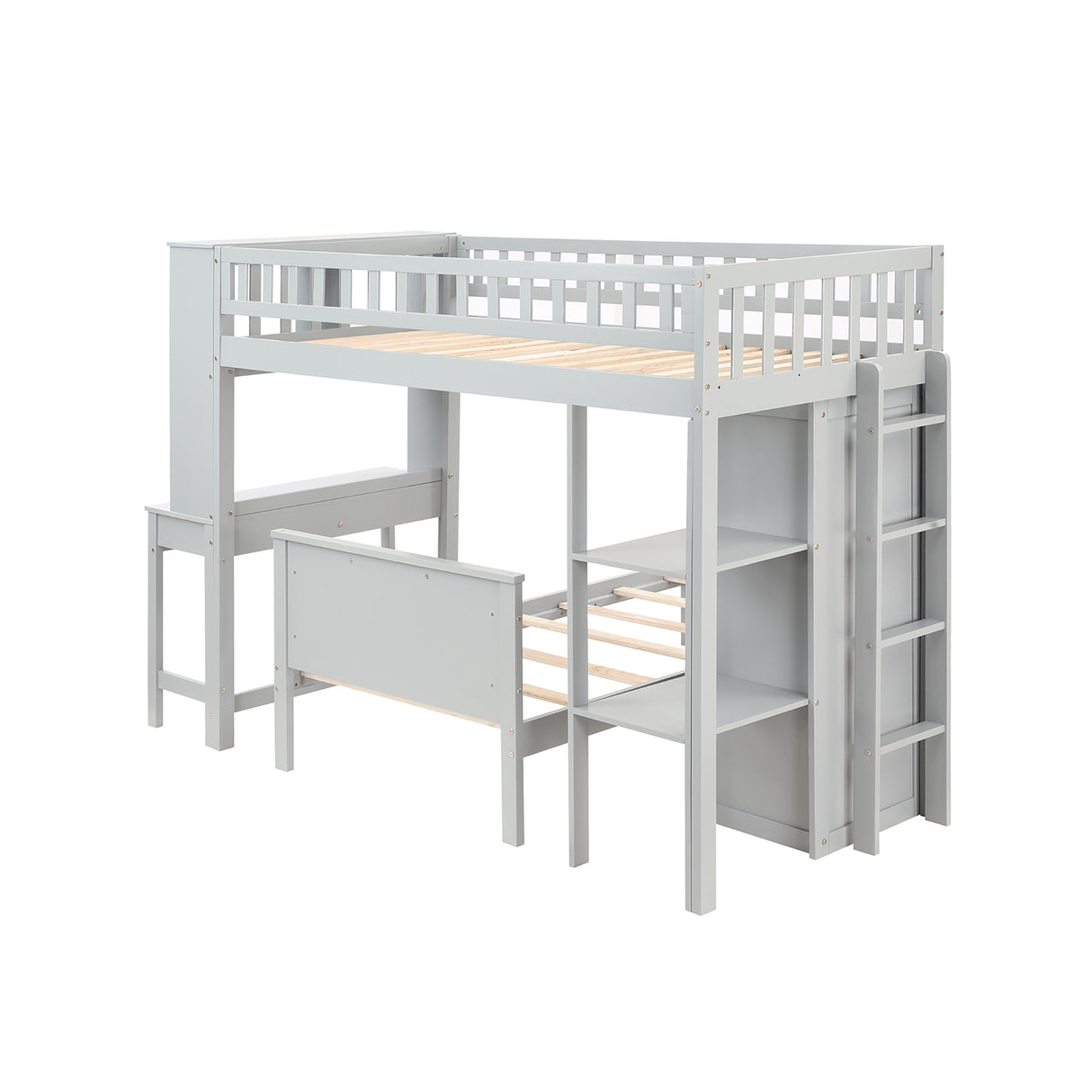 Twin Size Loft Bed with Closet and Desk, Extra Bottom Twin Bed, Grey - Home Elegance USA