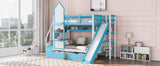 Twin-Over-Twin Castle Style Bunk Bed with 2 Drawers 3 Shelves and Slide - Blue