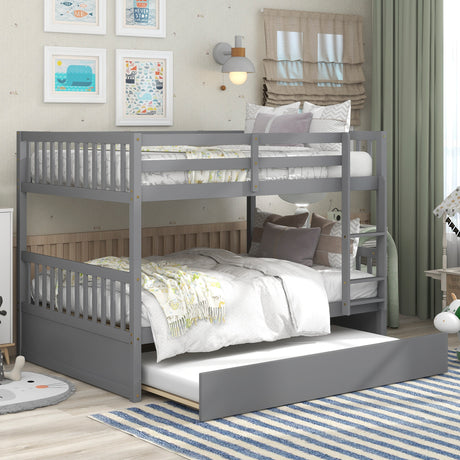 Full Over Full Bunk Bed with Trundle, Convertible to 2 Full Size Platform Bed, Full Size Bunk Bed with Ladder and Safety Rails for Kids, Teens, Adults,Grey (Old Sku:W504S00003) - Home Elegance USA