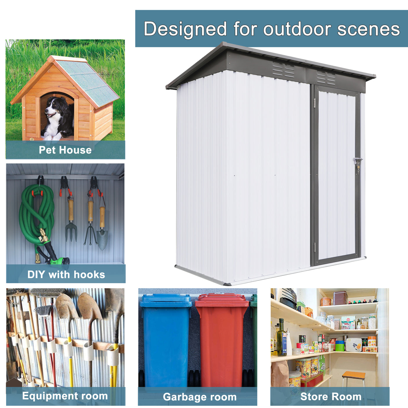 5 X 3 Ft Outdoor Storage Shed, Galvanized Metal Garden Shed With Lockable Doors, Tool Storage Shed For Patio Lawn Backyard Trash Cans