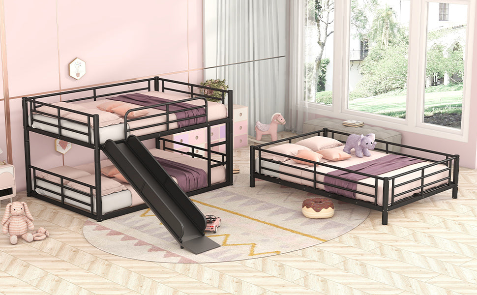 Full Size Metal Bunk Bed with Ladders and Slide, Divided into One Platform and Loft Bed, Black - Home Elegance USA