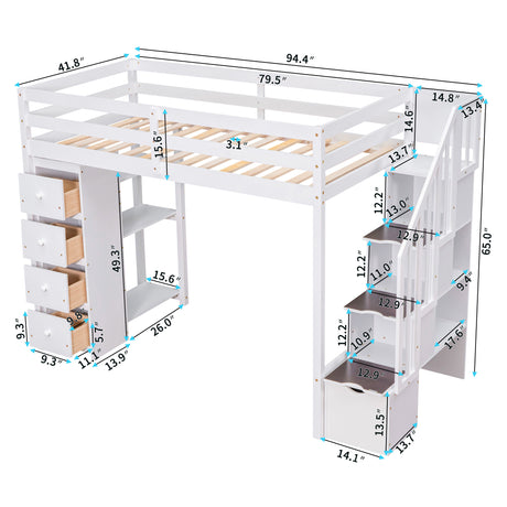 Twin size Loft Bed with Storage Drawers and Stairs, Wooden Loft Bed with Shelves - White - Home Elegance USA