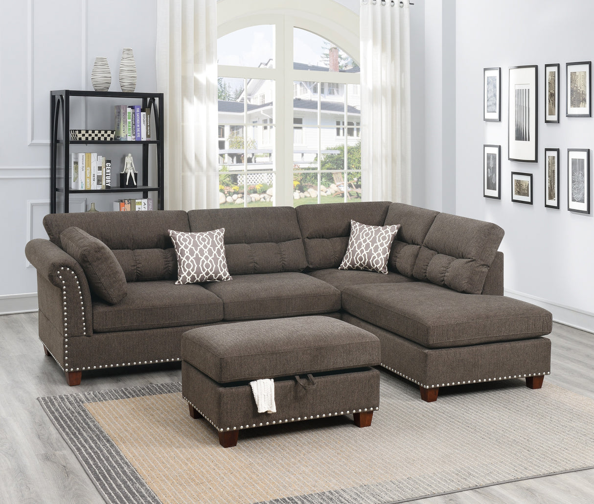 Sectional sofa Tan Color Velvet Fabric Reversible Chaise Sofa Sectional w Pillows Cocktail Storage Ottoman 3pc Set - Home Elegance USA