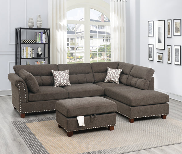 Sectional sofa Tan Color Velvet Fabric Reversible Chaise Sofa Sectional w Pillows Cocktail Storage Ottoman 3pc Set - Home Elegance USA