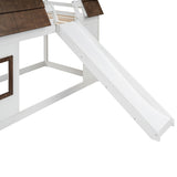 Wood Twin Size House Bunk Bed with Roof, Ladder and Slide, White+Brown