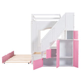 Full Over Full Bunk Bed with Trundle ,Stairs,Ladders Solid Wood Bunk bed with Storage Cabinet （White + Pink） - Home Elegance USA