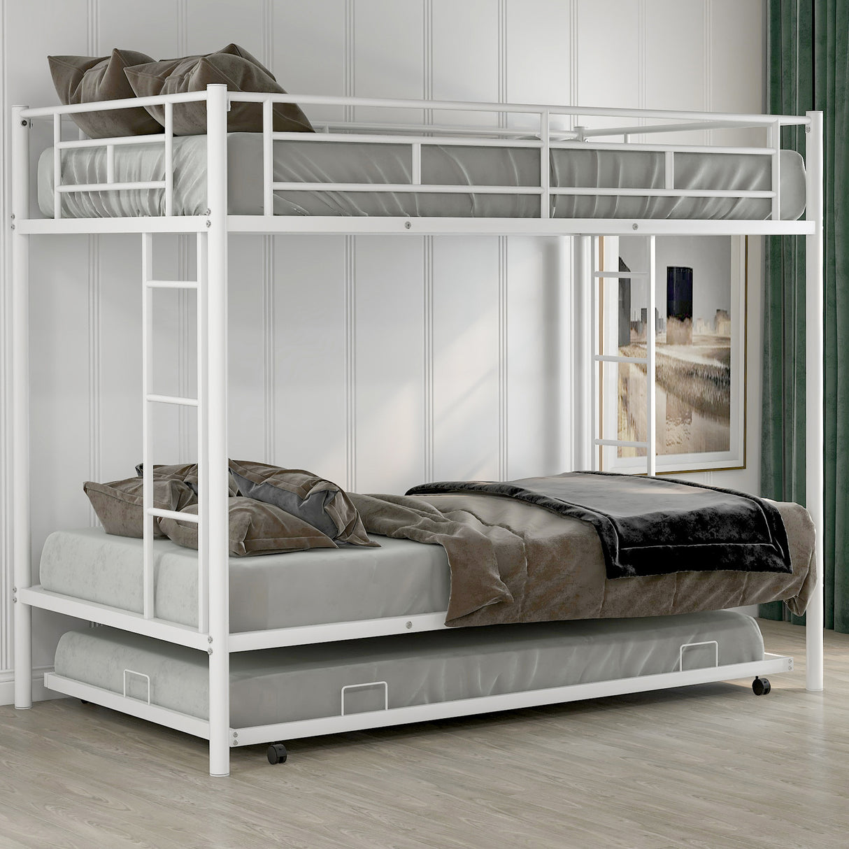 Twin over Twin Bunk Bed with Trundle, White - Home Elegance USA