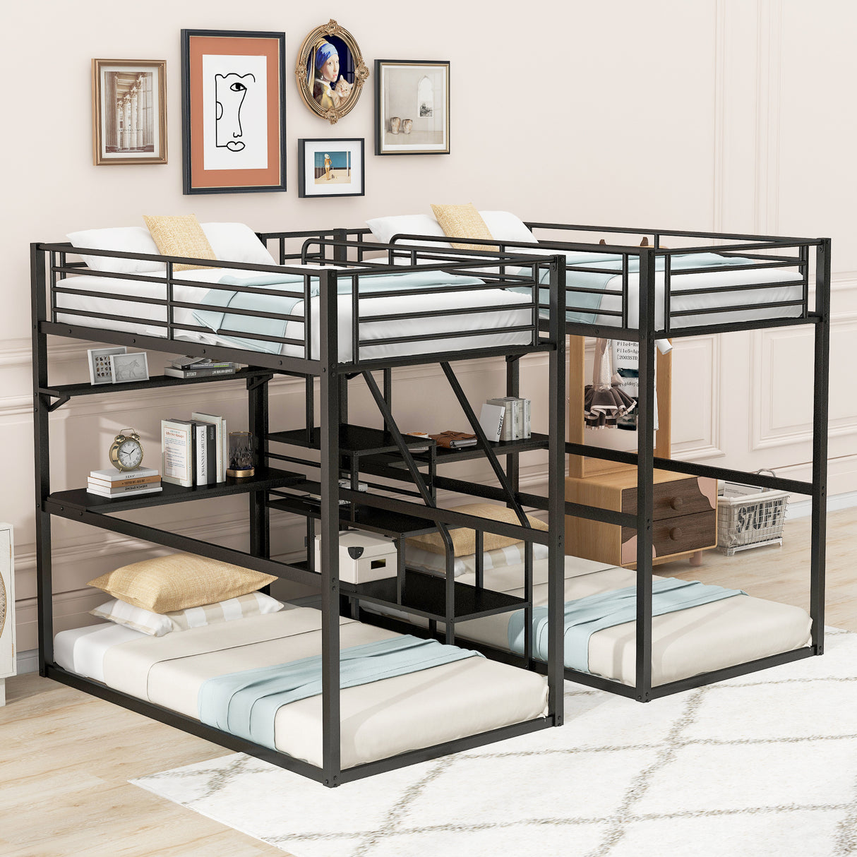 Double Twin over Twin Metal Bunk Bed with Desk, Shelves and Storage Staircase, Black - Home Elegance USA