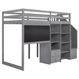 Twin Size Loft Bed with Pullable Desk and Storage Shelves,Staircase and Blackboard,Gray - Home Elegance USA