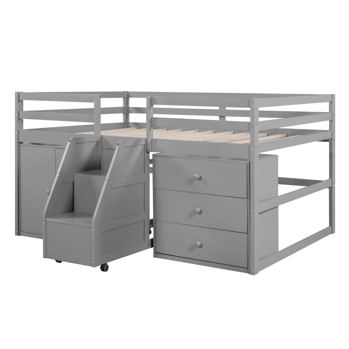 Full Size Functional Loft Bed with Cabinets and Drawers, Hanging Clothes at the back of the Staircase, Gray - Home Elegance USA