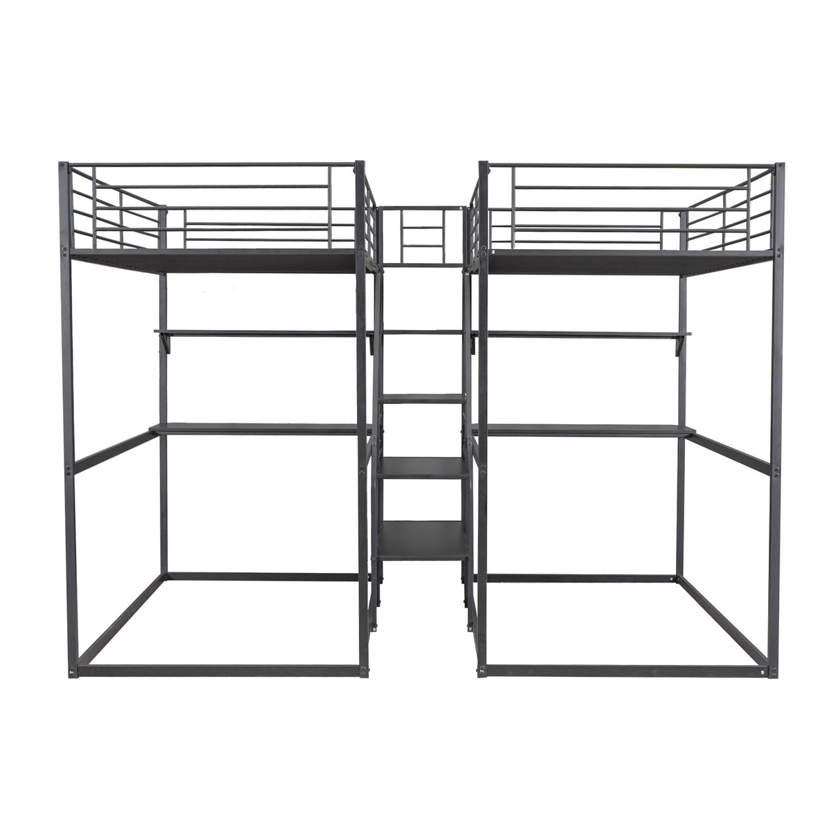 Double Twin over Twin Metal Bunk Bed with Desk, Shelves and Storage Staircase, Black - Home Elegance USA