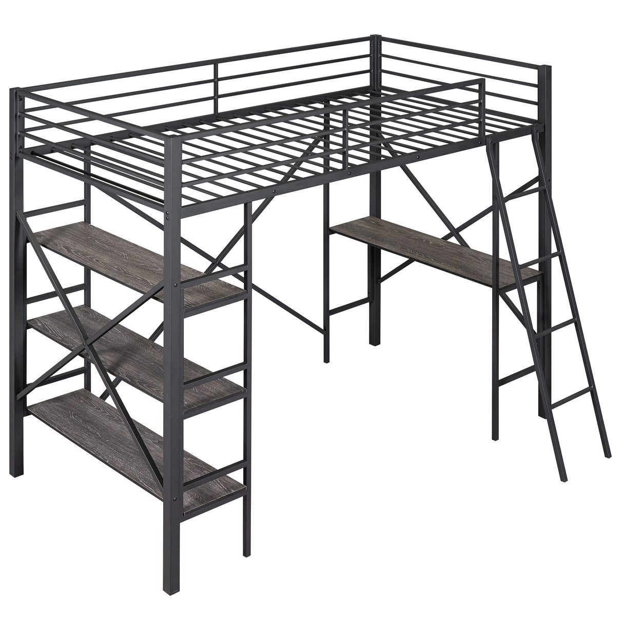 Twin Size Metal Loft Bed with Shelves and Desk, Black (Old SKU:SM001102AAB) - Home Elegance USA