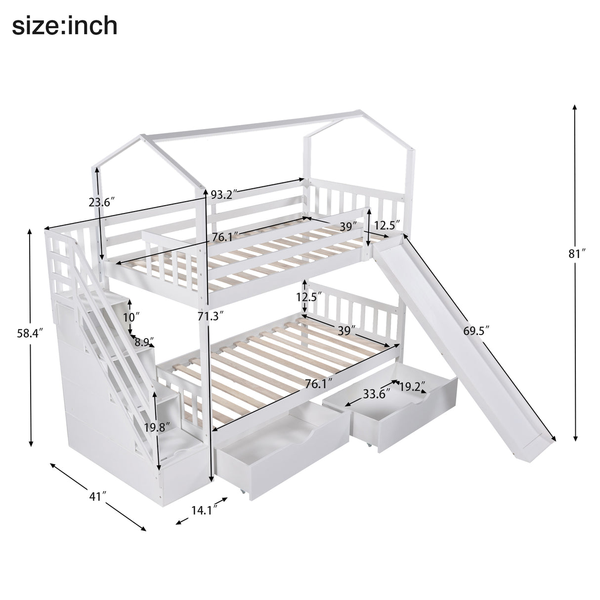 Twin over Twin House Bunk Bed with Two Drawers and Slide,Storage Staircase,White(OLD SKU:GX000906AAK) - Home Elegance USA