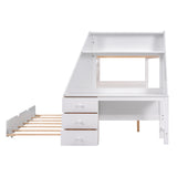 Twin over Full Bunk Bed with Trundle and Built-in Desk, Three Storage Drawers and Shelf,White - Home Elegance USA