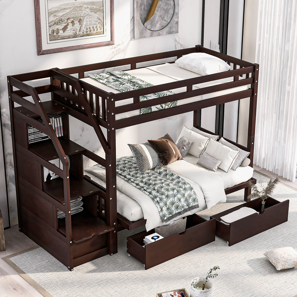 Twin over Full Bunk Bed with Two Drawers and Staircase, Down Bed can be Converted into Daybed,Espresso Home Elegance USA