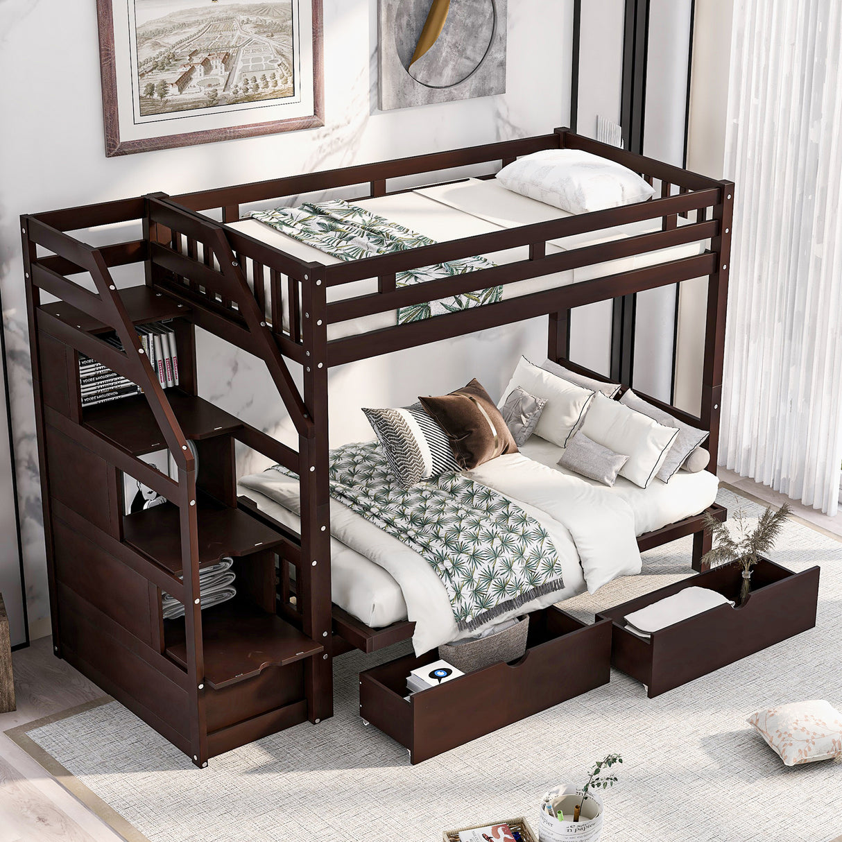 Twin over Full Bunk Bed with Two Drawers and Staircase, Down Bed can be Converted into Daybed,Espresso - Home Elegance USA