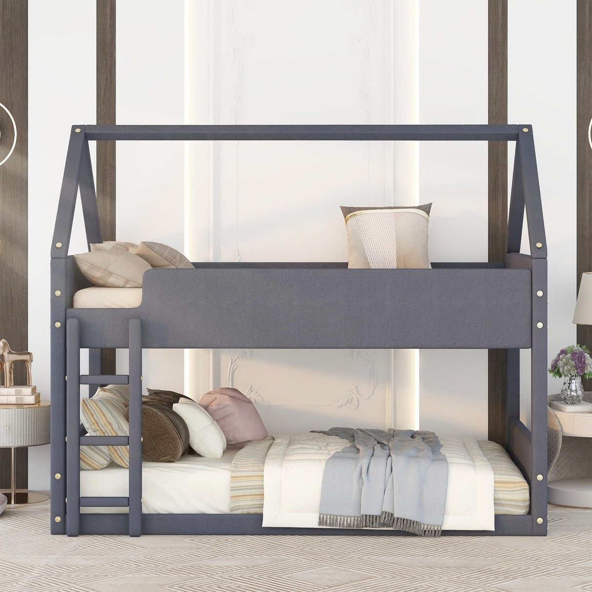 Twin Size Upholstery House Bunk Bed with Headboard and Footboard,Grey - Home Elegance USA