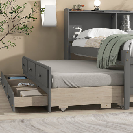 Full Bed with Bookcase,Twin Trundle,Drawers,Gray Home Elegance USA