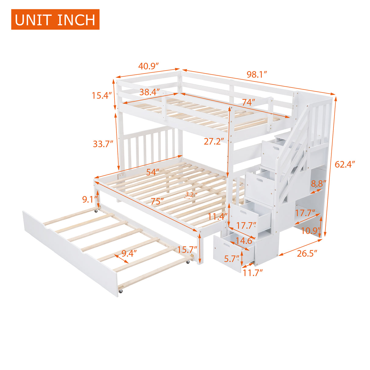 Twin over Twin/Full Bunk Bed with Twin Size Trundle (White)(OLD SKU :LP000025AAK) - Home Elegance USA