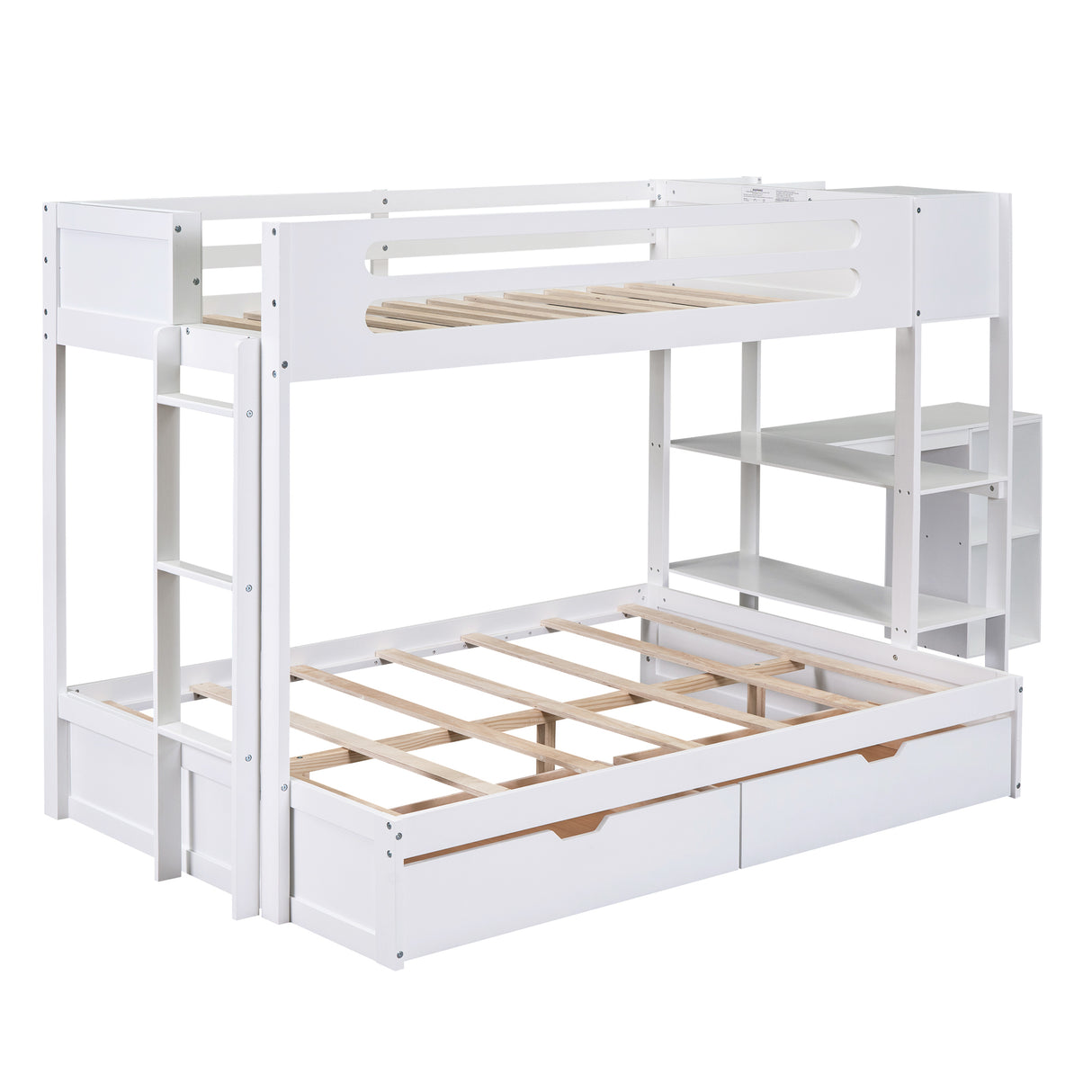 Wood Twin over Full Bunk Bed with Drawers, Shelves, Cabinets, L-shaped Desk and Magazine Holder, White - Home Elegance USA