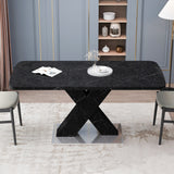 Modern Square Dining Table,Stretchable,Printed Black Marble Table Top+MDF X-Shape Table Leg with Metal Base - Home Elegance USA