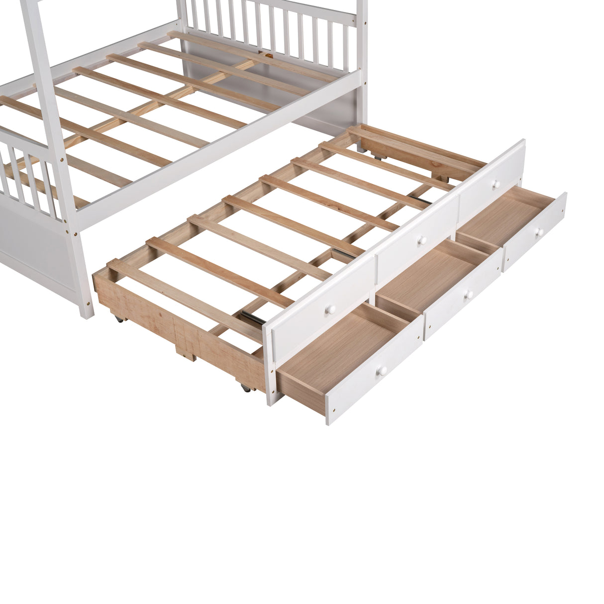 Full size Wooden House Bed with Trundle and 3 Storage Drawers-White - Home Elegance USA