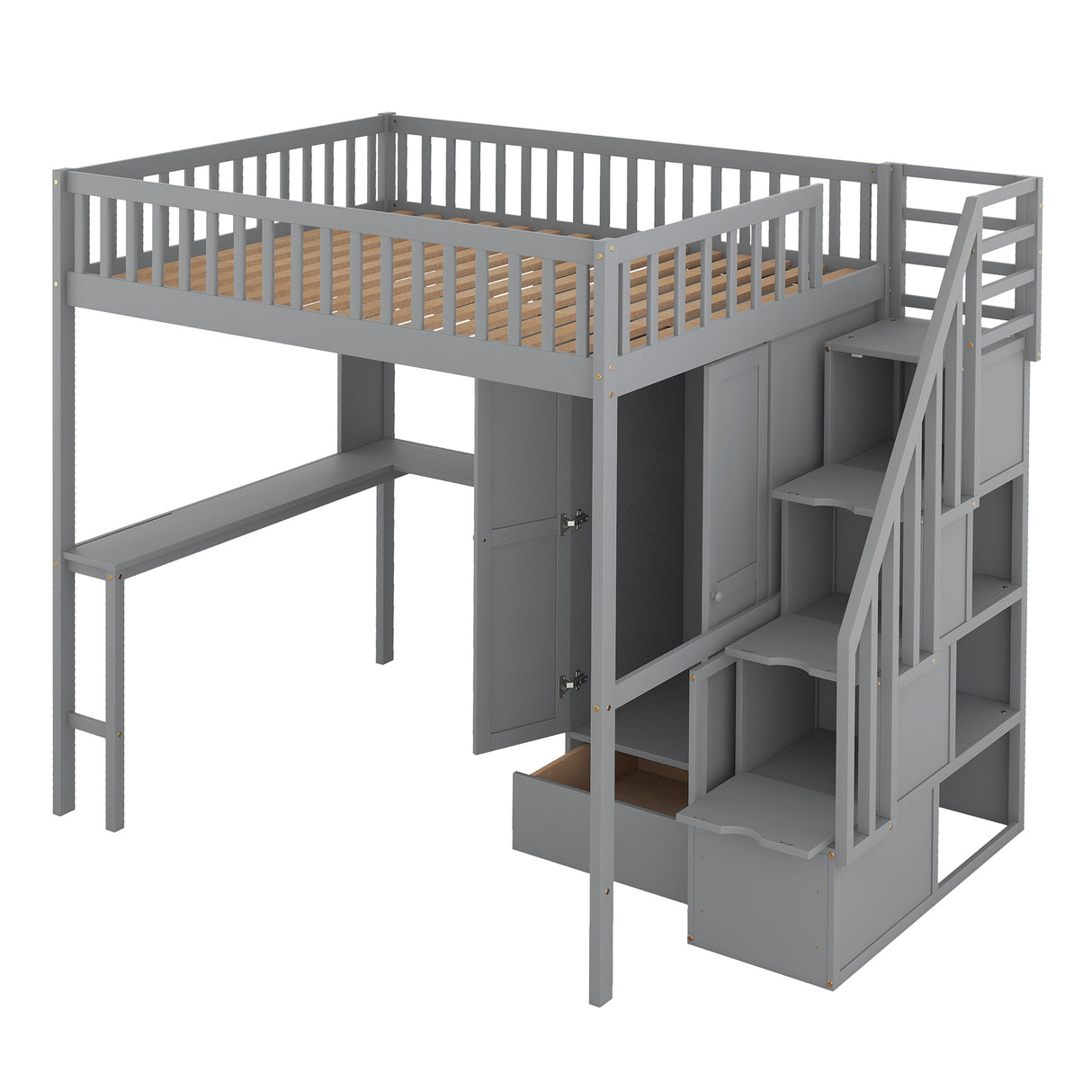 Full size Loft Bed with Bookshelf,Drawers,Desk,and Wardrobe-Gray - Home Elegance USA