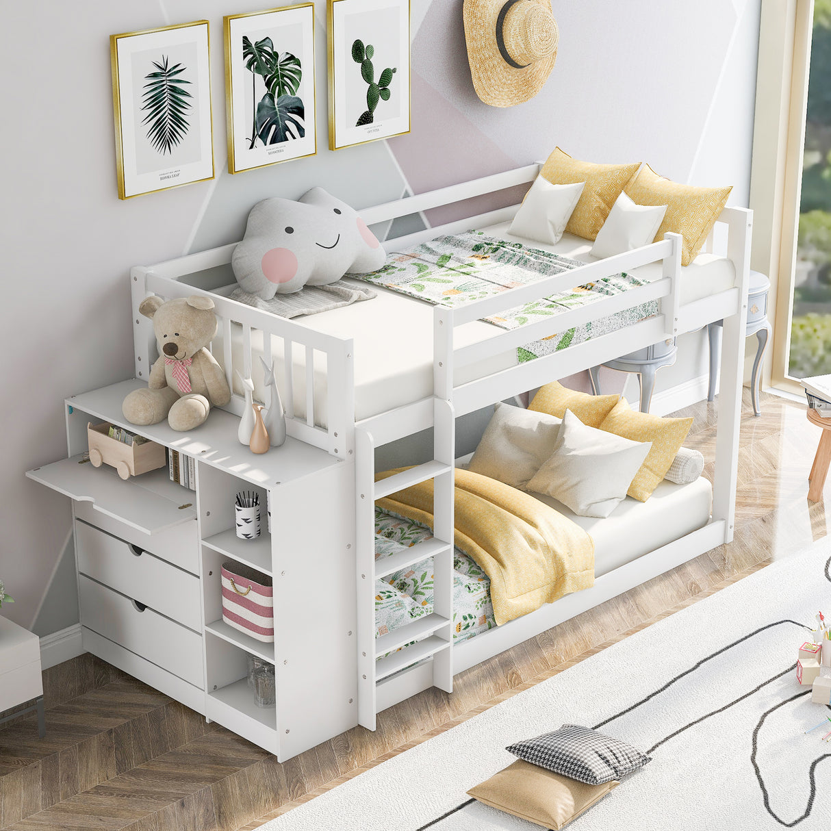 Twin over Twin Bunk Bed with Attached Cabinet and Shelves Storage,White (OLD SKU:GX000513AAK) - Home Elegance USA