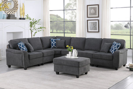 Leo Dark Gray Woven 7Pc Modular L-Shape Sectional Sofa and Ottoman - Home Elegance USA