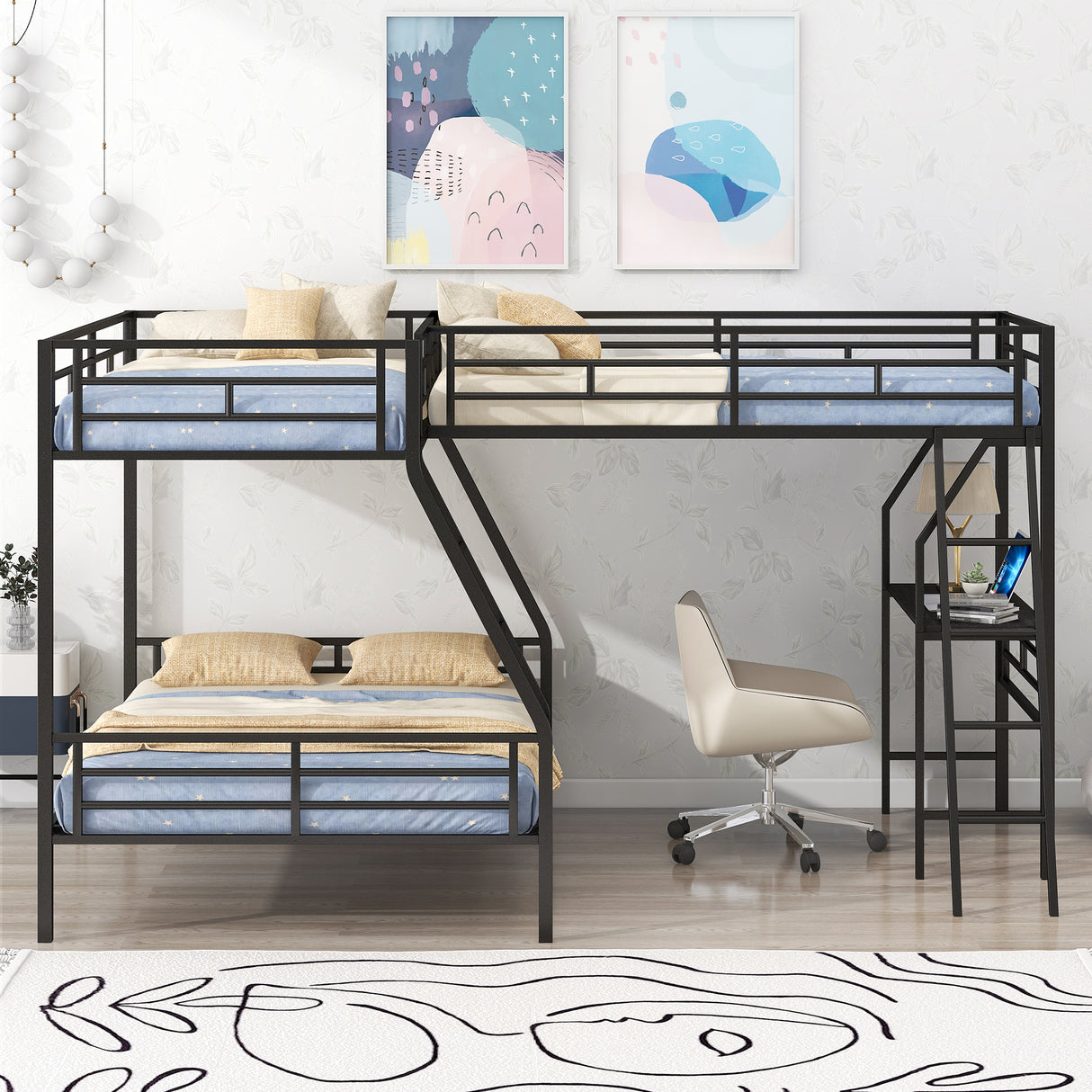 Twin over Full Bunk Bed with a Twin Size Loft Bed attached, with a Desk, Metal, Black - Home Elegance USA