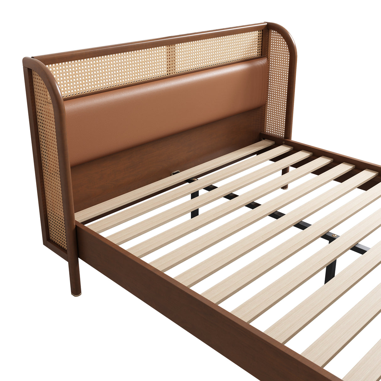 Modern Cannage Rattan Wood Platform Queen Bed, Walnut