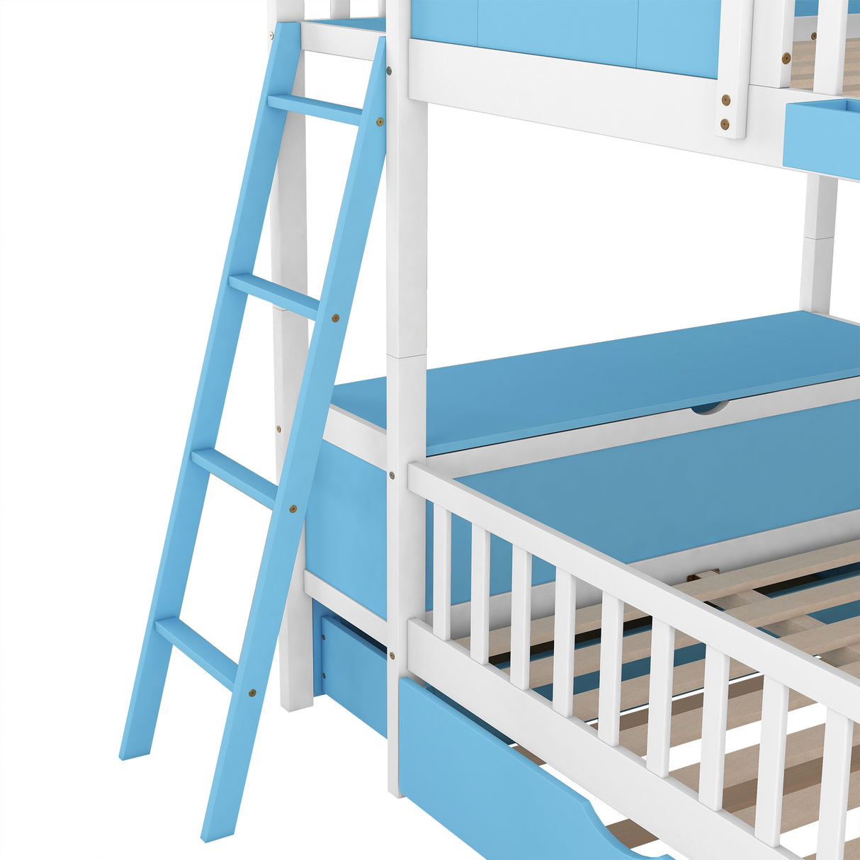 Full over Full Bunk Bed with Twin Size Trundle , Farmhouse Bed with Storage Box and Drawer - Blue - Home Elegance USA