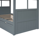 Twin Size Wood House Bed With Twin Size Trundle, Wooden Daybed, Gray