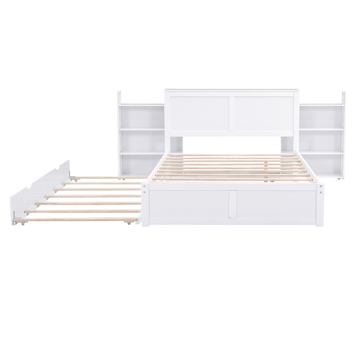 Full Size Storage Platform Bed with Pull Out Shelves and Twin Size Trundle, White - Home Elegance USA