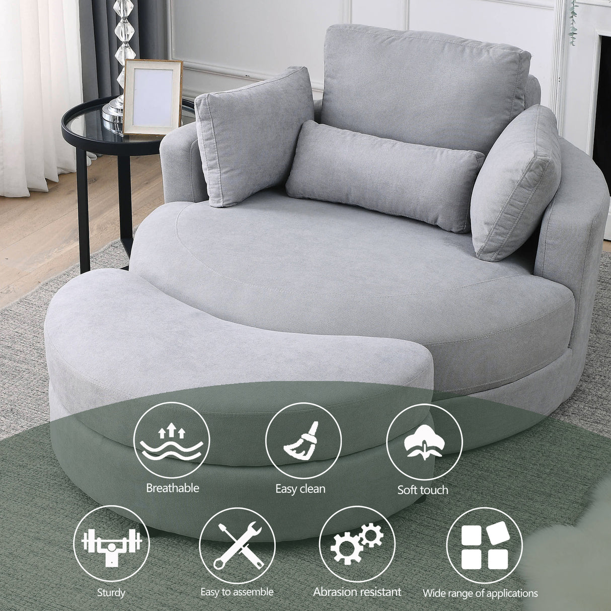 [Video] Welike Swivel Accent Barrel Modern Grey Sofa Lounge Club Big Round Chair with Storage Ottoman Linen Fabric for Living Room Hotel with Pillows .2PCS Home Elegance USA