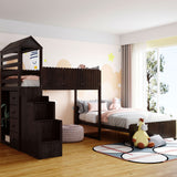 Stairway Twin Over Full Bunk Bed, House Bed with Two Shelves and Seven Drawers,Espresso - Home Elegance USA