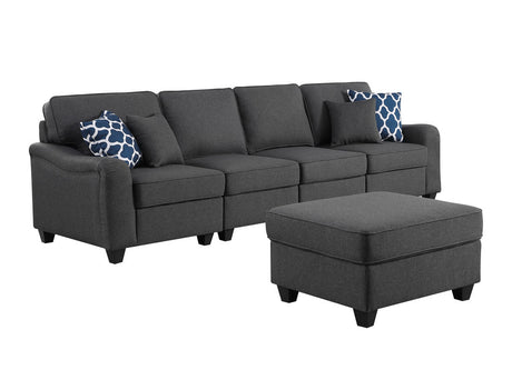 Leo Dark Gray Linen 5 Seater Sofa and Ottoman Home Elegance USA