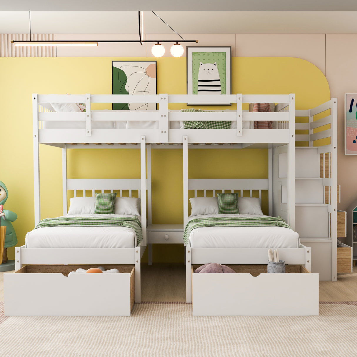 Full Over Twin & Twin Bunk Bed, Wood Triple Bunk Bed with Drawers and Guardrails (White) Home Elegance USA