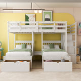 Full Over Twin & Twin Bunk Bed, Wood Triple Bunk Bed with Drawers and Guardrails (White) - Home Elegance USA