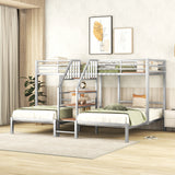 Metal Twin over Twin & Twin Bunk Bed, Triple Bunk Bed with Storage Shelves Staircase, Silver - Home Elegance USA