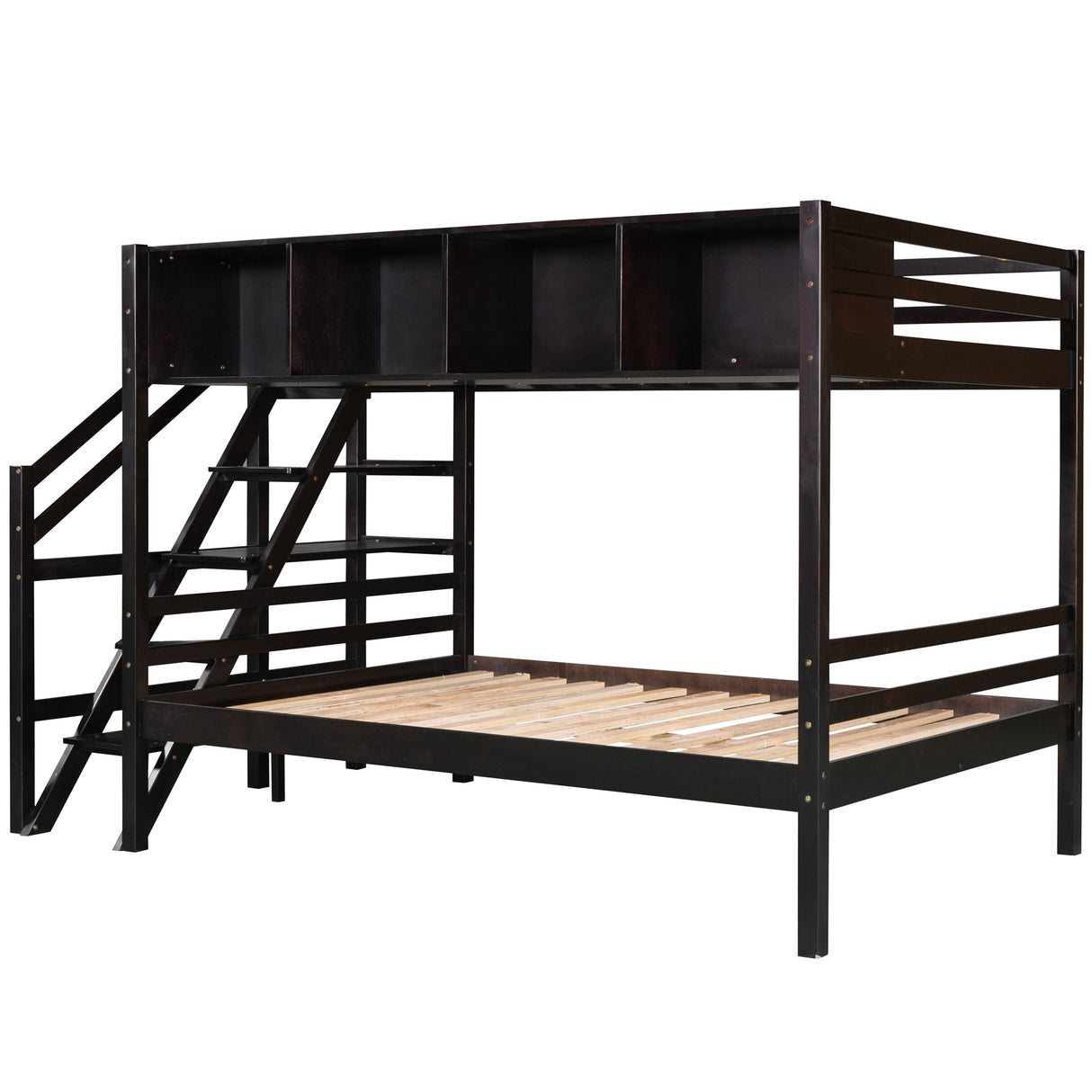 Twin over Full Bunk Bed with Staircase and Built-in Storage Cabinets,Espresso - Home Elegance USA