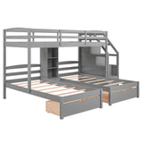 Twin over Twin&Twin Bunk Bed, Triple Bunk Bed with Drawers, Staircase with Storage, Built-in Shelves, Gray Home Elegance USA