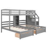 Twin over Twin&Twin Bunk Bed, Triple Bunk Bed with Drawers, Staircase with Storage, Built-in Shelves, Gray - Home Elegance USA