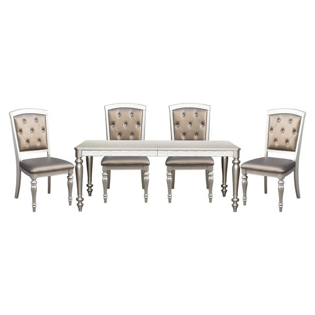 Glamorous Silver Finish Dining Set 5pc Dining Table 4x Side Chairs Crystal Button Tufted Upholstered Modern Style Furniture - Home Elegance USA