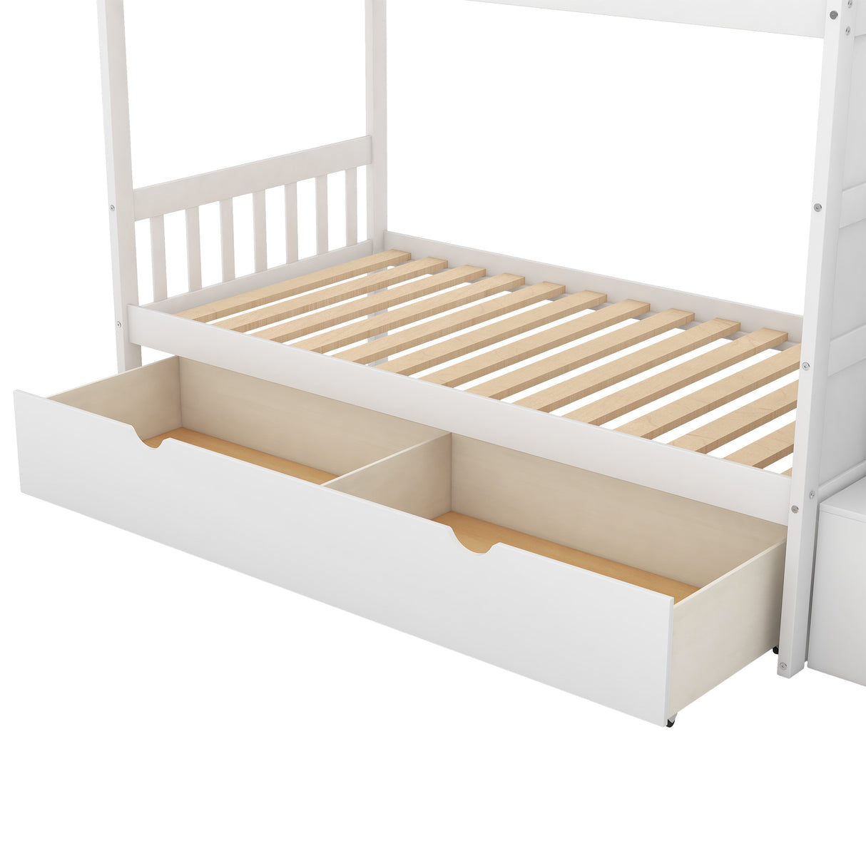 Twin over Full/Twin Bunk Bed, Convertible Bottom Bed, Storage Shelves and Drawers, White - Home Elegance USA