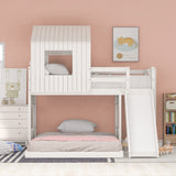 Wooden Twin Over Full Bunk Bed, Loft Bed with Playhouse, Farmhouse, Ladder, Slide and Guardrails, White(OLD SKU :LT000028AAK) - Home Elegance USA