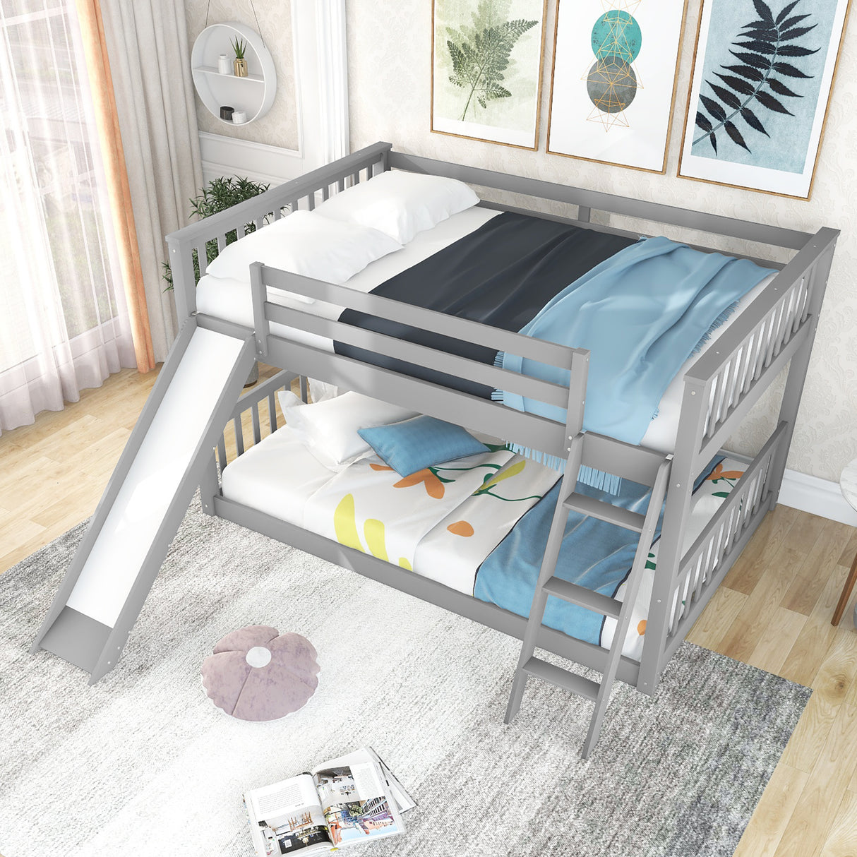 Full over Full Bunk Bed with Convertible Slide and Ladder, Gray - Home Elegance USA