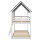 Twin over Twin Size Low Bunk Beds with Roof and Fence-shaped Guardrail, White - Home Elegance USA