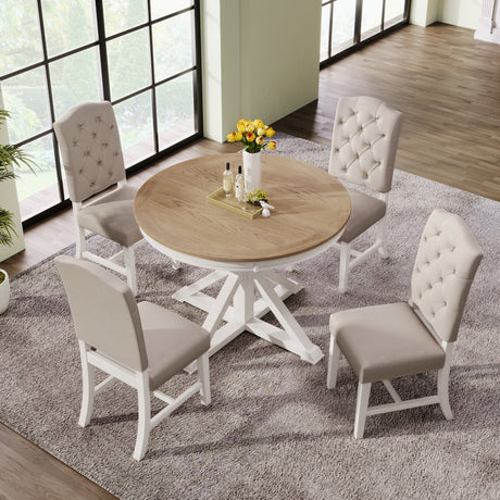 TREXM Functional Furniture Retro Style Dining Table Set with Extendable Table and 4 Upholstered Chairs for Dining Room and Living Room (Oak Natural Wood + Off White)